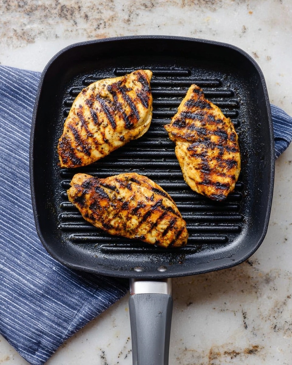 Three grilled chicken pieces are placed in a black square grill pan with raised grill lines. The chicken pieces have dark grill marks and a golden brown color with some areas slightly darker from cooking. The grill pan has a gray handle on the left side and rests on a folded blue and white striped cloth. The surface beneath the pan is a white marbled texture. The photo taken with an iphone --ar 4:5 --v 7