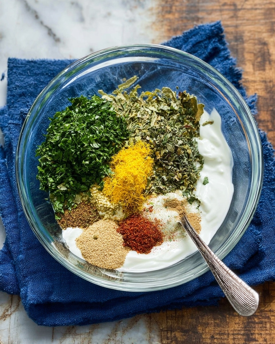 A clear glass bowl sits on a blue cloth on a white marbled surface, filled with several visible layers of ingredients before mixing. The bottom layer is white yogurt with a smooth texture. On top, there are chopped green herbs piled on one side, dried green leaves in the center, and a bright yellow grated zest next to them. Towards the front edge of the bowl are various ground spices in shades of brown, beige, and red. A silver spoon with a textured handle rests inside the bowl on the right side. Photo taken with an iphone --ar 4:5 --v 7