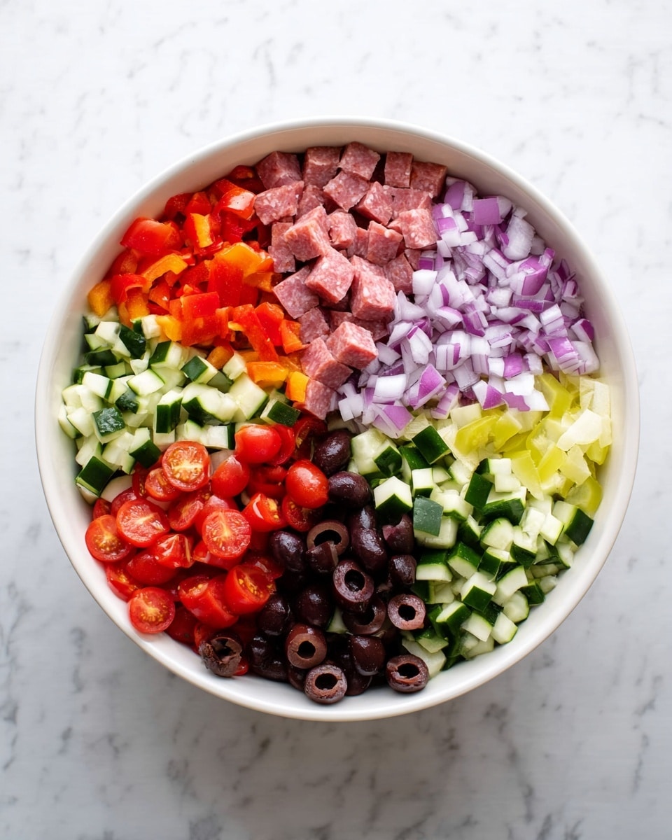 A white bowl filled with seven layers of small, chopped ingredients arranged side by side like slices of a pie. Starting from the top right and moving clockwise, there are finely diced red onions in purple and white colors, green diced zucchini cubes, bright red diced bell peppers, light green chopped cucumbers, halved red cherry tomatoes with seeds visible, pinkish-red cubes of salami, and lastly, sliced black olives. The bowl sits on a white marbled surface. Photo taken with an iphone --ar 4:5 --v 7