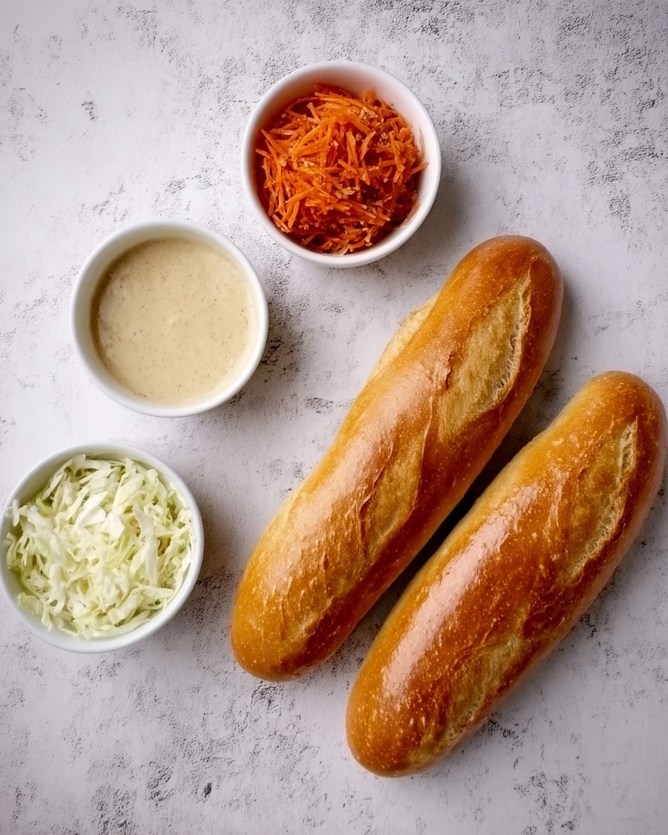 The image shows two golden brown baguettes placed on a white marbled surface. Above them, there are three small white bowls arranged in a row. The left bowl contains bright orange shredded carrots, the middle bowl has a light beige creamy sauce, and the right bowl is filled with finely shredded white cabbage. The colors contrast nicely against the clean white marbled background. Photo taken with an iphone --ar 4:5 --v 7