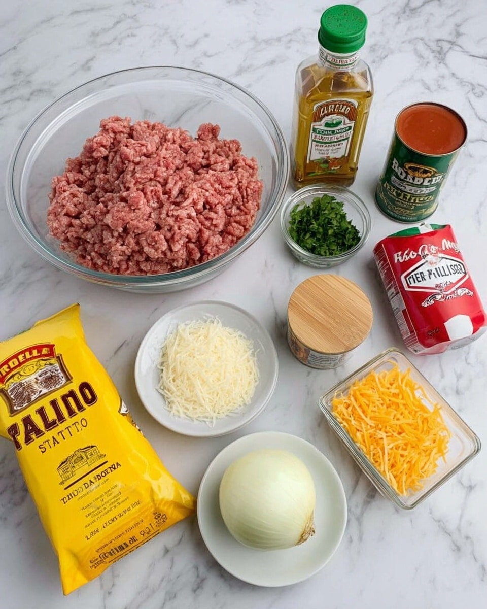 The image shows ingredients arranged on a white marbled surface, including a large clear glass bowl filled with raw ground meat, a white plate holding half a peeled white onion, a small clear glass bowl with shredded orange cheese, a small green container with chopped green cilantro, a red package of Barilla spaghetti pasta, a yellow packet of Old El Paso taco seasoning mix standing upright, a green bottle of olive oil, a can of Ro*Tel mild diced tomatoes and green chilies, and a clear glass pitcher with a bamboo lid filled with water photo taken with an iphone --ar 4:5 --v 7