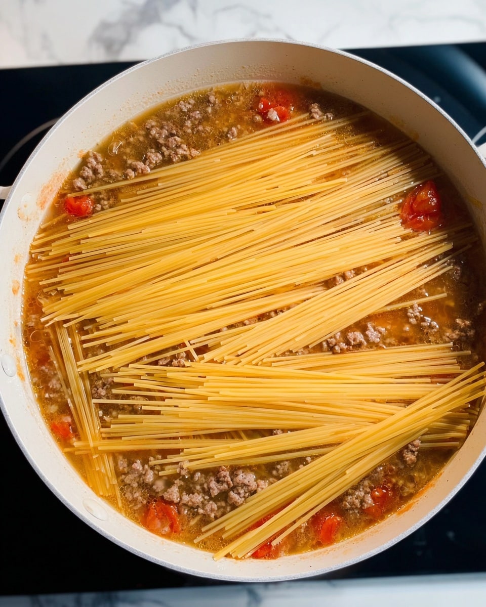 A white pan filled with uncooked spaghetti sticks spread across the top layer, partially submerged in a light brown broth with small chunks of ground meat and pieces of red tomato visible beneath the noodles. The broth has a slightly oily surface, and the pasta strands are arranged in a mostly parallel manner, covering most of the pan. The pan sits on a stove with a black surface, and the surrounding area has a white marbled texture. Photo taken with an iphone --ar 4:5 --v 7