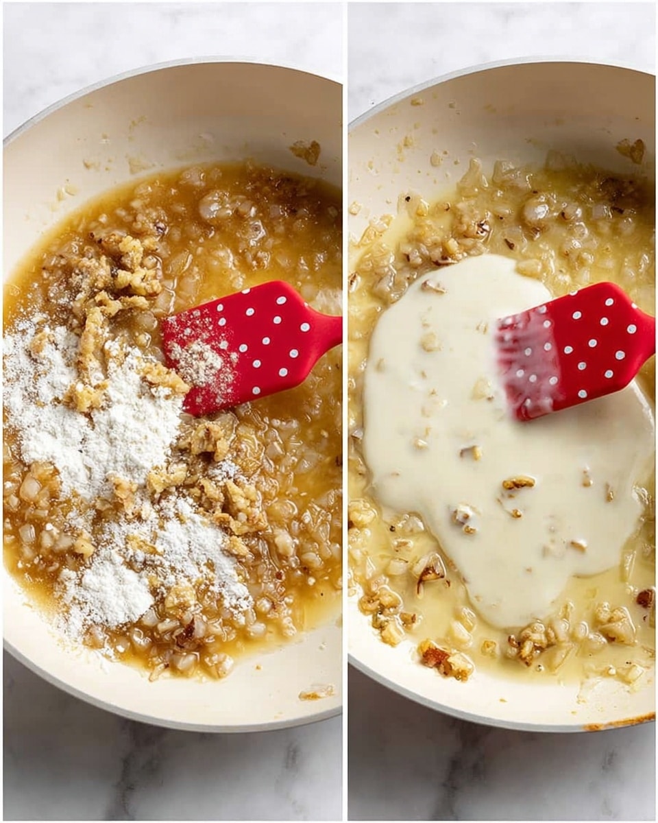 The image shows two side-by-side photos of a cooking process in a white shallow pan on a white marbled surface. On the left, there is a red spatula mixing a thick light brown mixture with small onion pieces and white flour sprinkled on top. The mixture looks oily and textured with visible browned bits. On the right, the same pan and spatula are shown with a creamy thicker sauce forming, with white liquid being poured in, blending into the light brown mixture with onions visible below. The spatula has white polka dots. photo taken with an iphone --ar 4:5 --v 7