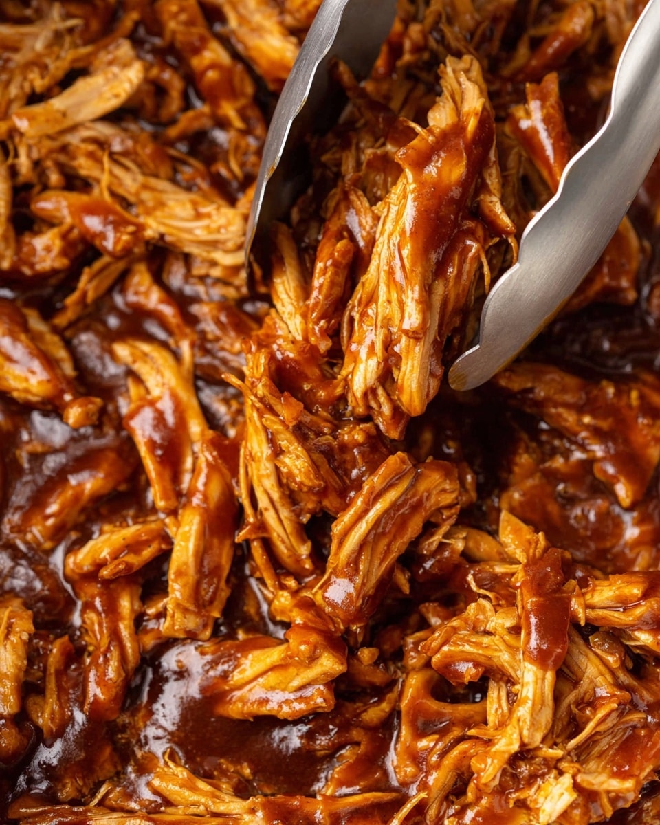 A close-up view of shredded chicken coated in a thick, rich brown barbecue sauce, with the chicken pieces arranged randomly in a bowl. A metal tong holds a bunch of the saucy chicken in the center, showing the glossy texture and strands of meat soaking in the sauce. The overall colors are warm brown and orange tones with a shiny, sticky look on the sauce. The background feels smooth and clean, highlighting the detailed texture of the chicken and sauce. photo taken with an iphone --ar 4:5 --v 7