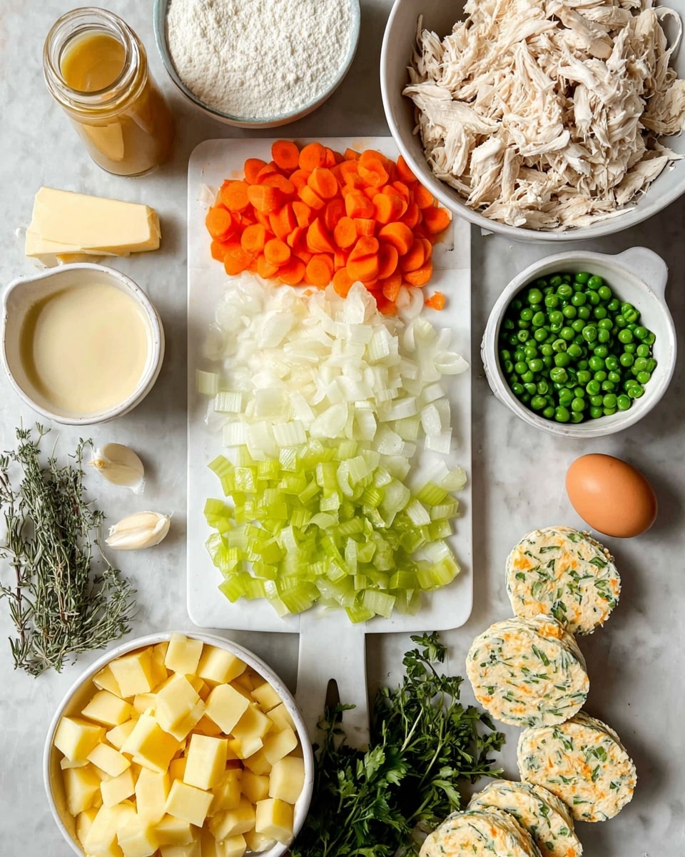 The image shows an overhead view of a white cutting board with three piles of chopped vegetables in a row: bright orange carrots at the top, pale white onions in the middle, and light green celery on the right. Above the board, there is a white bowl filled with shredded light tan chicken. To the right of the board, a white bowl holds frozen green peas and garlic cloves lie nearby. Below the board, there are fresh green herbs, one egg, and a bottle of light amber broth. To the left of the board, there is a jar of creamy white sauce, a white bowl of white flour, a stick of butter, a white bowl of cubed yellow potatoes, and several wrapped herb butter rounds with visible green flecks. The scene is on a white marbled surface. photo taken with an iphone --ar 4:5 --v 7