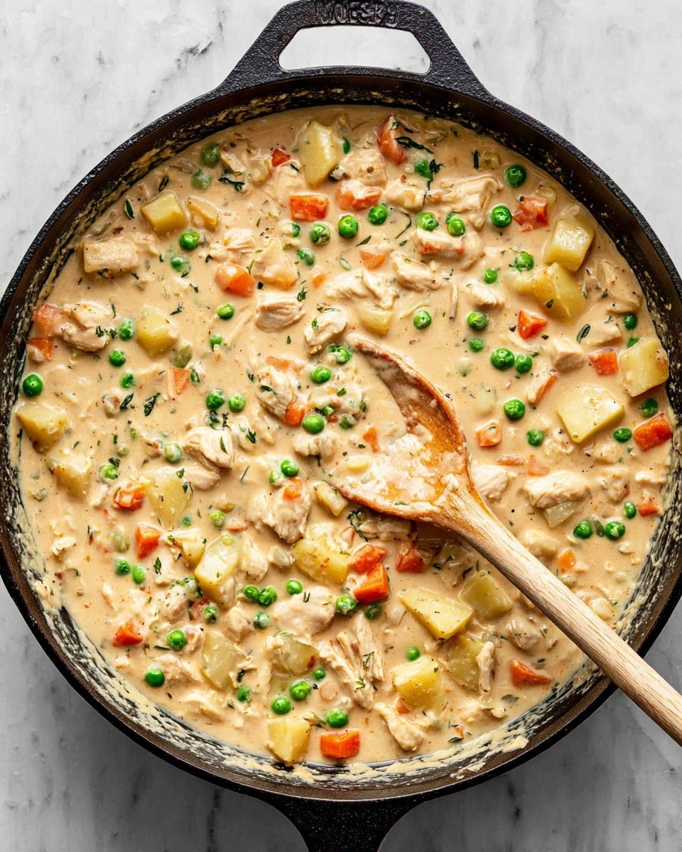 The image shows a black cast iron pan filled with a creamy mixture that has visible chunks of white and light brown chicken pieces, bright green peas, small diced orange carrots, and pale yellow potato cubes, all mixed in a thick, pale beige sauce. There is a wooden spoon resting inside the mixture, slightly covered by the creamy sauce with some bits stuck on it. The pan is placed on a white marbled surface. photo taken with an iphone --ar 4:5 --v 7
