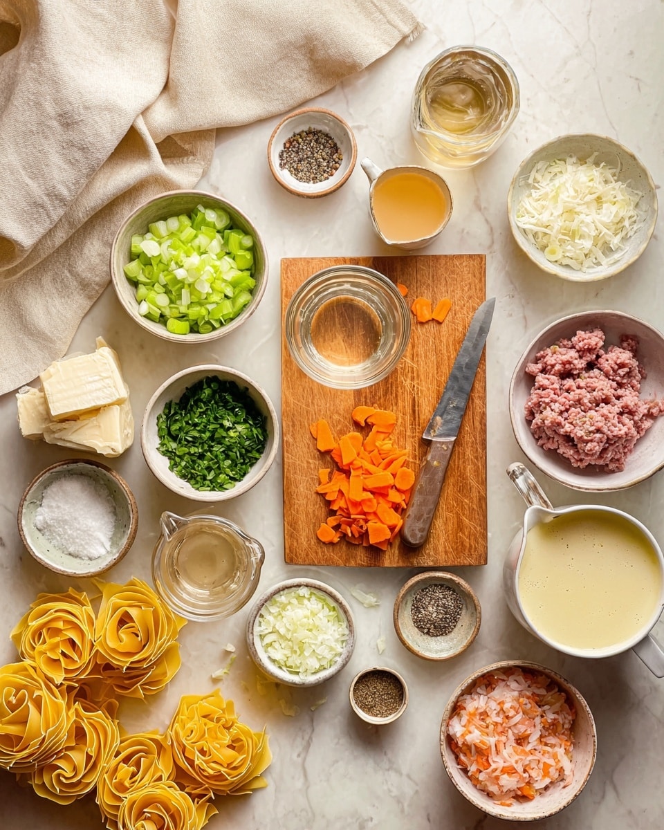 The image shows various cooking ingredients arranged neatly on a white marbled surface. In the center, there is a wooden cutting board with a knife and small orange carrot pieces scattered on it. On the board, near the top, is a glass cup with a clear liquid. Surrounding the board are small bowls containing chopped green celery, orange chopped carrots, chopped white onion, a white creamy ingredient, chopped green herbs, and grated white cheese. There are also small bowls with black pepper, salt, butter, and ground spices. Two glass pitchers hold a light yellow broth and a creamy white liquid. Near the edges of the image, there are curled nests of yellow pasta and a white bowl with raw ground meat and sausage. A cream-colored cloth is partly visible in the top left corner. Photo taken with an iphone --ar 4:5 --v 7
