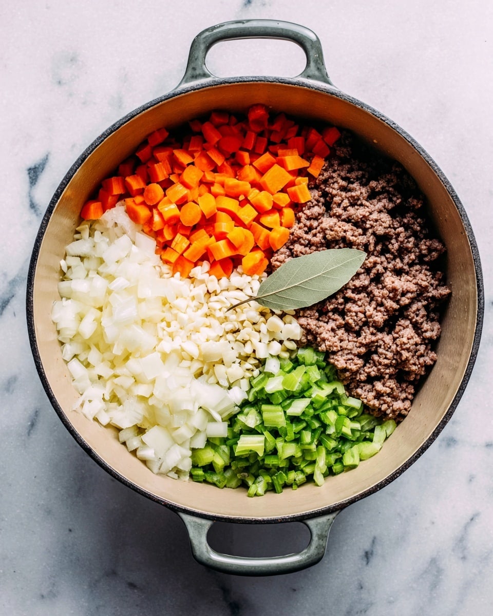 A gray cast iron pot with two handles sits on a white marbled surface, filled with five distinct layers of chopped ingredients arranged side by side like a colorful pie. One layer shows browned ground meat in dark brown with a crumbly texture. Next to it are small diced orange carrots with a smooth finish. Below the carrots is a pile of finely chopped white garlic. Beside the garlic is a layer of chopped white onions with a slightly translucent look. The last layer contains chopped green celery with a fresh, crisp texture. A single bay leaf sits on top of the garlic layer. photo taken with an iphone --ar 4:5 --v 7