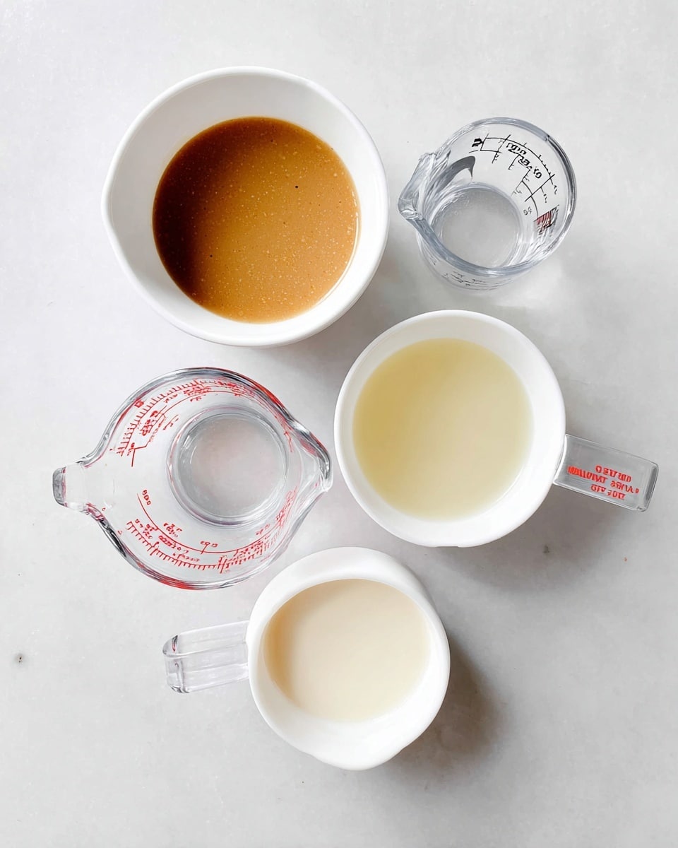 The image shows four containers with different liquids placed on a white marbled surface. One white bowl holds a light brown, smooth liquid with a slightly grainy texture. Another white bowl contains a clear, pale yellow liquid. There are two clear measuring cups with red measurement markings, one filled with a white liquid and the other with a cream-colored liquid that looks thicker. The containers are arranged loosely in a square shape, with the white marbled surface clean and softly lit. photo taken with an iphone --ar 4:5 --v 7