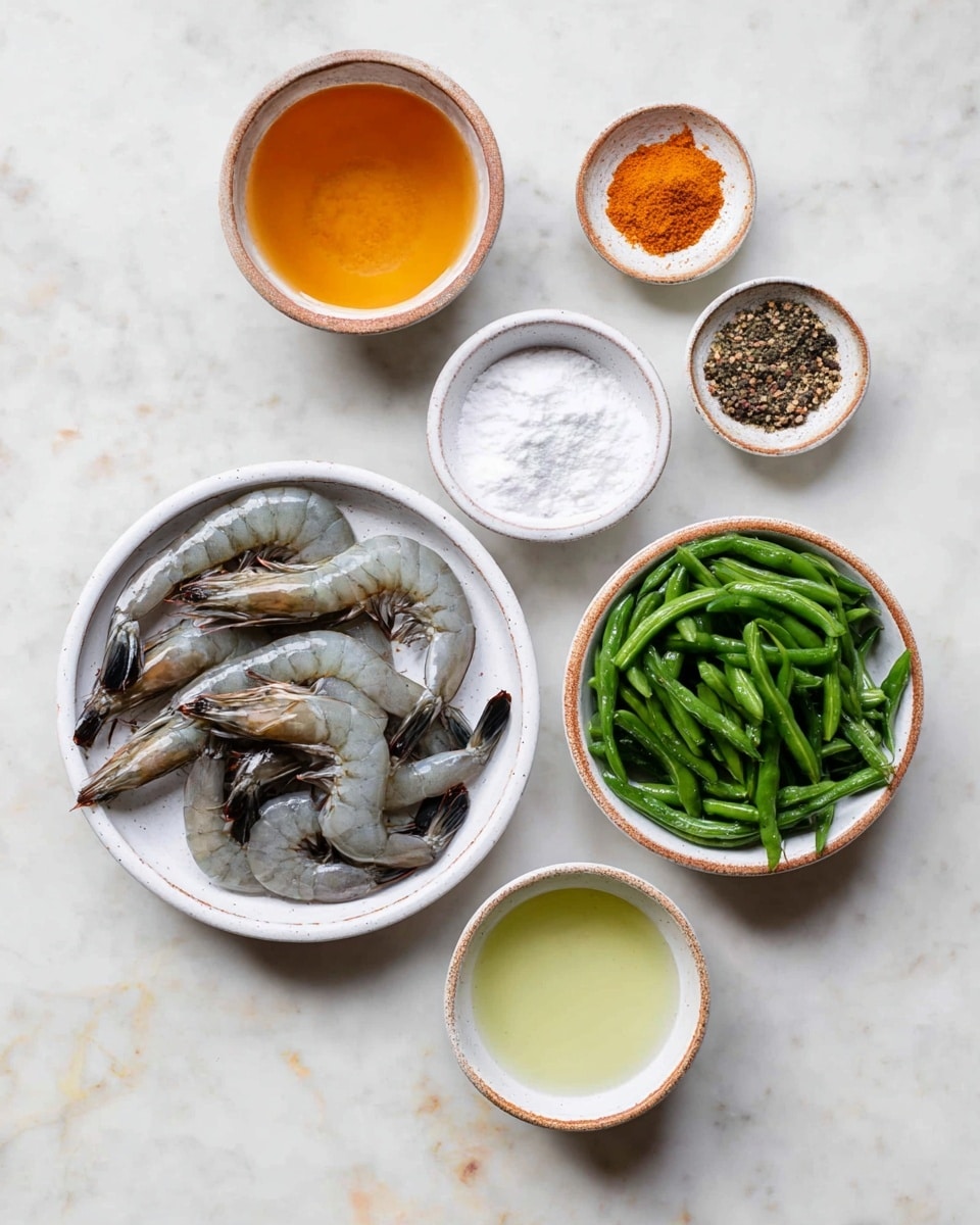 The image shows six small white bowls arranged on a white marble surface, each containing different ingredients. The largest bowl at the bottom left is filled with a pile of raw grey shrimp with black tails. To its right, a medium white bowl holds bright green fresh green beans. Above these, there is a white bowl with a light orange liquid, likely a sauce or broth. Next to it on the left, a small white bowl with a brown rim contains a fine white powder, probably flour or starch. Above that, a tiny white bowl with a brown rim holds a mix of orange powder and black pepper. The top right bowl, also white with a brown rim, contains a small amount of clear yellow liquid. Lastly, at the bottom left, a small white bowl with a brown rim holds a pale green liquid. photo taken with an iphone --ar 4:5 --v 7
