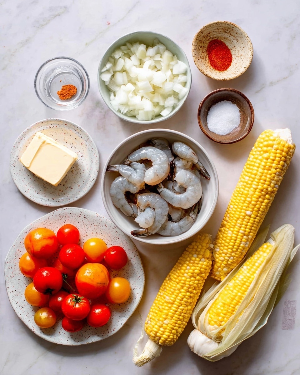 The image shows several ingredients placed on a white marbled surface: two ears of yellow and white corn with husks partially removed are at the bottom right; above them is a small white bowl filled with chopped garlic; next to it at the center is a white bowl containing raw peeled shrimp in a pale gray color with dark tails; to the left is a bowl full of chopped white onions; above that is a small white bowl with two spices, one bright red and the other light brown; next to it is a small block of butter; on the far left is a white speckled plate holding a mix of red and orange cherry tomatoes; and finally, a small clear glass container holds a white ingredient resembling salt or sugar. Photo taken with an iphone --ar 4:5 --v 7
