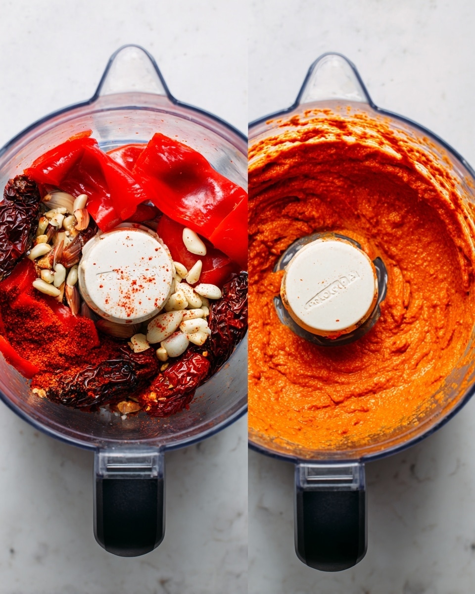 The image shows two clear food processor bowls on a white marbled surface. The left bowl contains whole roasted red peppers with shiny red skin, a few dark sun-dried tomatoes, garlic cloves, and some white chopped nuts dusted with red spice. The right bowl shows the same ingredients blended into a smooth, thick sauce with a bright orange-red color and a creamy texture around the blade. Both bowls have a white lid center piece, and the black handles are visible on the right side. Photo taken with an iphone --ar 4:5 --v 7
