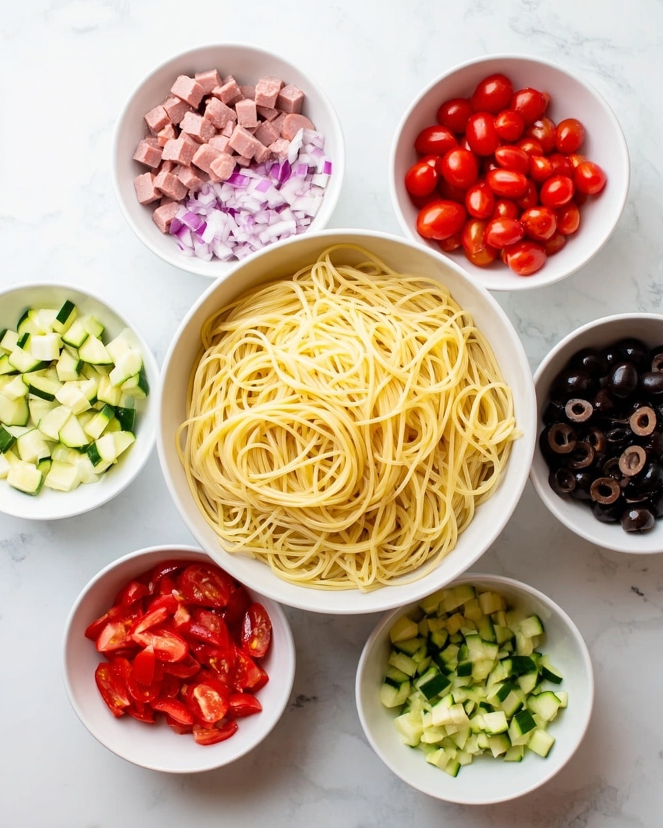 A white bowl in the center is filled with plain cooked spaghetti noodles. Around it, six smaller white bowls hold the ingredients for a pasta salad: black round sliced olives, small cubes of pink sausage, halved bright red cherry tomatoes, diced red bell pepper, finely chopped light purple onion, chopped green cucumber, and chopped light green zucchini. All the bowls are arranged on a white marbled surface, showing a clean and organized setup for making the dish. Photo taken with an iphone --ar 4:5 --v 7