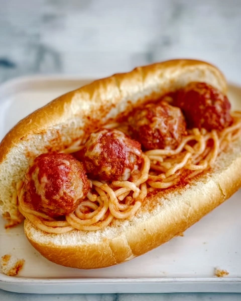 A sandwich with a soft, light brown bun split open and filled with three small, round meatballs evenly spaced inside. Each meatball is covered with red marinara sauce and nestles in a bed of spaghetti pasta that looks glossy and well-coated in the same sauce. The sandwich sits on a white plate, placed on a white marbled surface. photo taken with an iphone --ar 4:5 --v 7