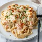 Creamy Three-Cheese Chicken Spaghetti with Tomatoes and Broiled Mozzarella Recipe