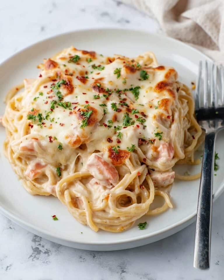 Creamy Three-Cheese Chicken Spaghetti with Tomatoes and Broiled Mozzarella Recipe