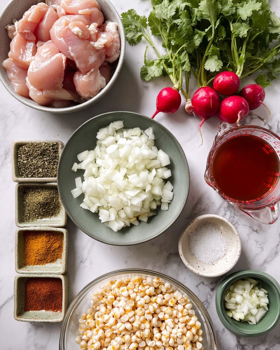 The image shows ingredients neatly placed on a white marbled surface. In the center, there is a gray bowl filled with white chopped onions. To the left of it, a white bowl contains raw chicken pieces stacked in a way that shows the soft pink color and smooth texture. Below the gray bowl, there is a large clear glass bowl filled with white corn kernels that have slight brown spots. To the right of the gray bowl, there is a clear glass measuring cup with a reddish liquid inside. Above the gray bowl, a small green shallow bowl holds minced garlic. Next to it, a small white speckled bowl contains coarse white salt. Top left side shows a light brown dish divided into three sections holding different spices: dark green dried herbs, yellow ground spice, and red ground spice. Bright red radishes with green leaves are placed above the bowls. Fresh green cilantro sprigs are scattered around the setup, adding color contrast. Photo taken with an iphone --ar 4:5 --v 7