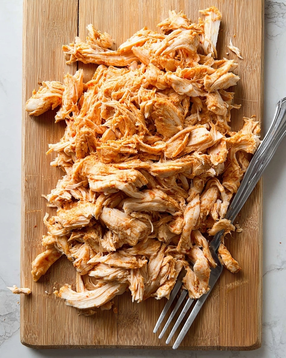 A pile of cooked shredded chicken pieces with a light orange color and some seasoning sits on a wooden cutting board, showing fibrous texture in all pieces. The chicken is arranged loosely, with pieces overlapping and some scattered around the edges, and a metal fork is placed towards the lower part of the board with its prongs tucked under some chicken. The cutting board is set on a white marbled textured surface that provides a clean and bright background. photo taken with an iphone --ar 4:5 --v 7