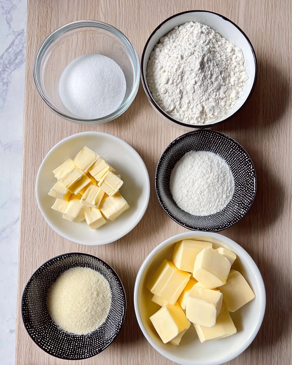 The image shows seven small containers arranged on a light wooden table with a white marbled texture background. There are two white bowls with black lines: one filled with flour on the right side and another with cubed butter at the bottom left. Next to the flour bowl, there is a clear glass bowl containing white powdered sugar. Surrounding these bowls are four smaller containers: two white ones with granulated sugar and yellowish powder, and two black patterned bowls with white powders inside. The top view shows all ingredients clearly separated in their containers without any mixing, lit naturally. Photo taken with an iphone --ar 4:5 --v 7