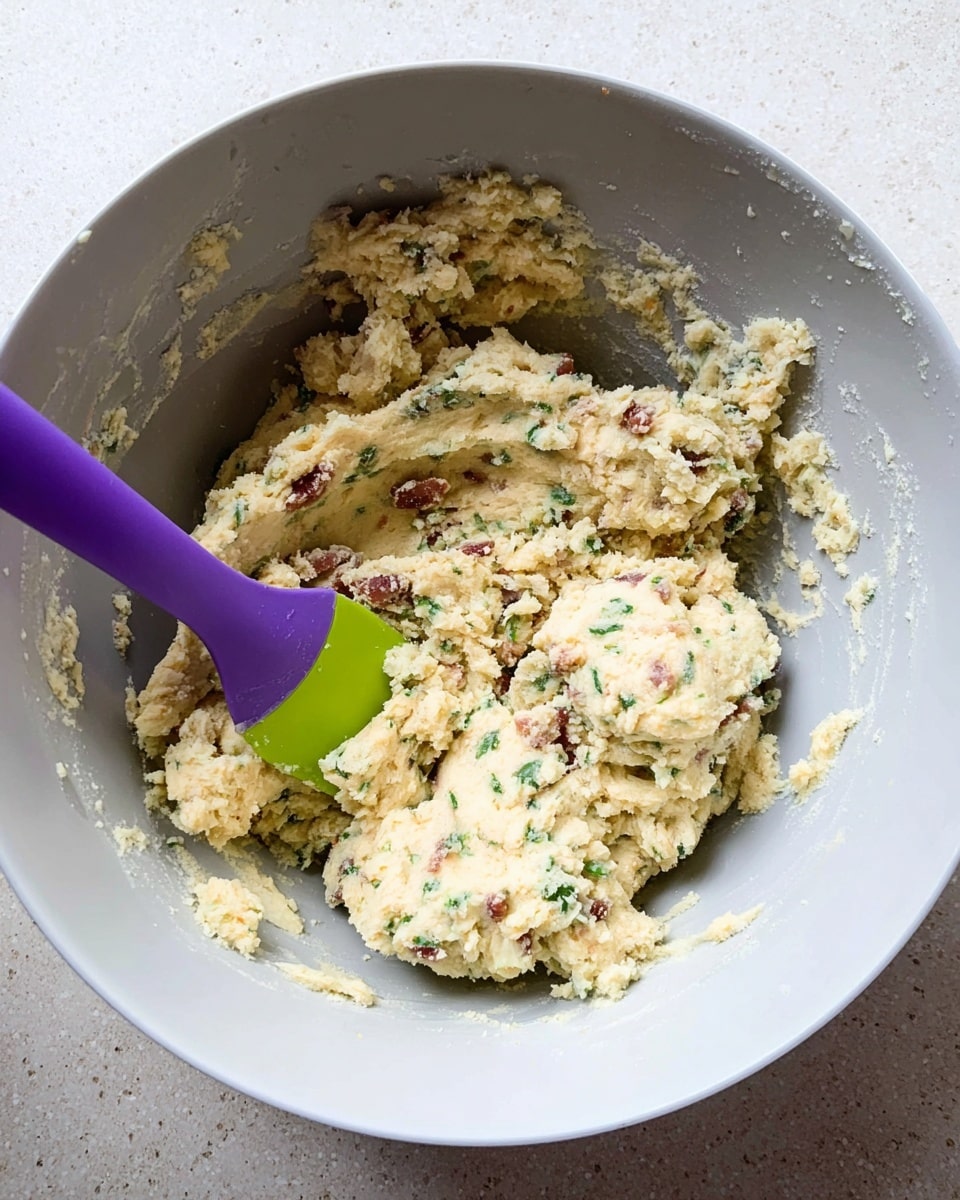 A large white bowl holds a thick, crumbly dough mixed with green bits of herbs and small pieces of reddish-brown bacon. The dough is pale yellow and textured, looking soft but dense. A two-tone spatula with a purple and lime green handle scoops some dough on one side of the bowl. The bowl sits on a white marbled surface. The inside of the bowl is black, showing some bits of dough stuck on the sides. photo taken with an iphone --ar 4:5 --v 7