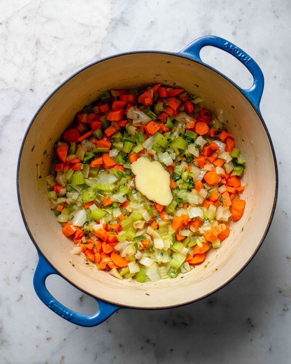 A round blue-handled pot sits on a white marbled surface, filled with a single layer of chopped vegetables including orange carrots, green celery, and small white onion pieces, all mixed together with a slice of pale yellow ginger placed on top in the center. The inside of the pot is cream-colored with a smooth texture, showing a bit of oil sheen under the vegetables. Photo taken with an iphone --ar 4:5 --v 7
