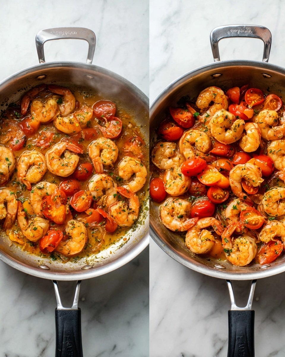 Inside a shiny stainless steel pan with black handles, there is a colorful shrimp dish. The layer on the bottom shows a light brown sauce with some herbs mixed in. On top of the sauce, there are many shrimp that are orange-pink and curled, arranged evenly around the pan. Among the shrimp are small cherry tomatoes sliced in halves, showing bright red, orange, and yellow colors. The pan rests on a white marbled surface. steam rises slightly from the shrimp, showing it is hot. photo taken with an iphone --ar 4:5 --v 7