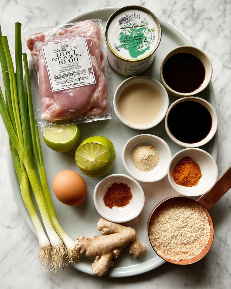 A white plate holds various cooking ingredients neatly arranged on a white marbled surface. On the left side, a sealed package of raw chicken with clear pink meat is placed next to a white can of light coconut milk with a green label. Two fresh green onions stretch vertically from the bottom to the top center of the plate. On the right, two lime halves sit above a small white bowl filled with a light beige sauce, beside a ginger root piece. Near the center are a brown egg, a peeled garlic clove, and a small dish with brown and orange powders. At the top, two small white bowls each contain a dark liquid like soy sauce, and another small bowl holds a reddish paste. At the bottom right, a copper measuring cup is heaped with light-colored breadcrumbs. The photo is taken with an iphone --ar 4:5 --v 7