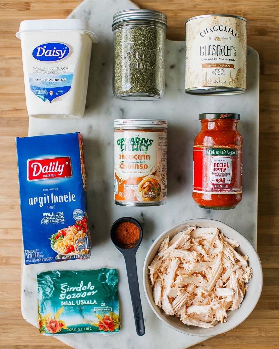 The image shows several cooking ingredients placed on a white marbled surface. At the top center, there is a white container of Daisy sour cream with a blue and red logo. To its right is a glass jar of Simply Organic dried parsley with a green lid. Below the sour cream, there are two cans of Pacific Foods organic cream of chicken soup, light beige with green details. Next to them on the right is a glass jar of Herdez salsa casera with a red lid and a colorful label featuring tomatoes. Below the cans and jar, there is a blue box of Barilla angel hair pasta with red and white lettering. At the bottom left, there is a green and white packet of Tillamook Mexican Blend shredded cheese. To the right of the cheese, a white bowl filled with cooked, sliced chicken pieces is visible. A black measuring spoon filled with a reddish-brown spice is partially seen near the sour cream container. The whole scene is lit with natural daylight, making the colors look clear and fresh. Photo taken with an iphone --ar 4:5 --v 7