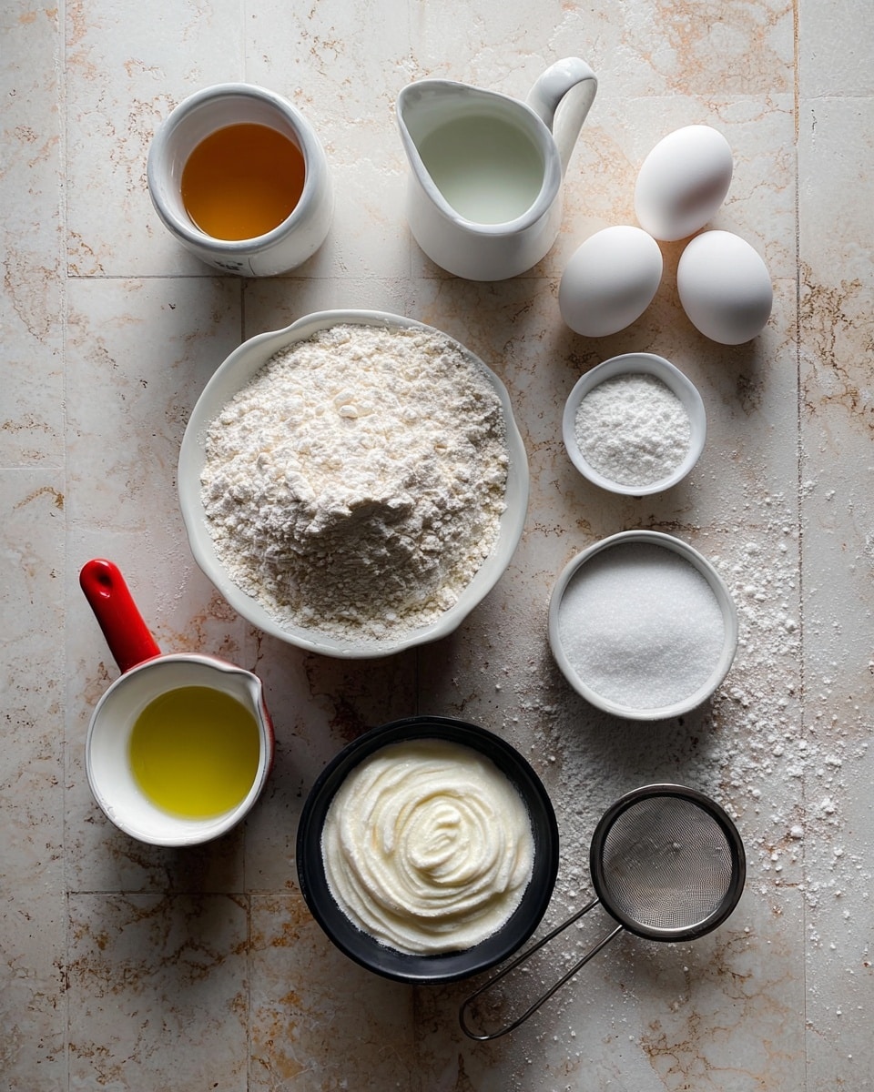 The image shows various baking ingredients placed neatly on a white marbled surface. There are two white bowls, one filled with white flour piled high and another filled with white sugar with a swirled texture on top, placed towards the bottom right and left parts of the image. Above the flour bowl, there is a small white pitcher containing milk, and a small white bowl with an amber-colored liquid in the center top. Three white eggs lie close to a silver spoon on the top right. Two small white bowls contain white salt and white powdery baking powder arranged in the top left section. At the bottom left, there is a white measuring cup with a red handle filled with yellow olive oil. A small silver mesh strainer with some white powder rests on the right side next to the milk pitcher. The entire scene is organized cleanly with some scattered flour on the white marbled surface. Photo taken with an iphone --ar 4:5 --v 7