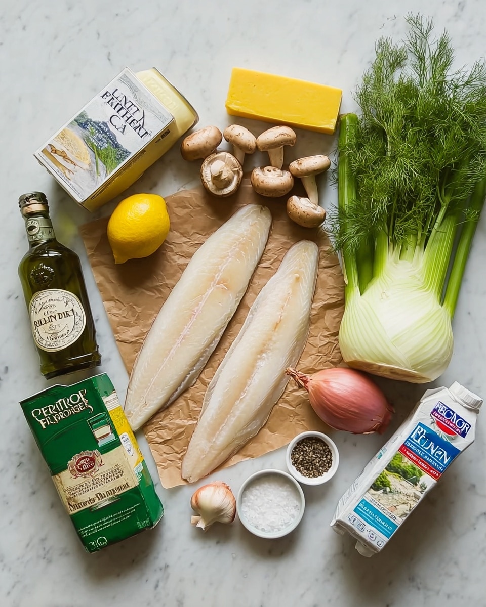 The image shows various raw cooking ingredients laid out on a white marbled surface. In the center, there are two long, pale fish fillets placed on brown parchment paper. Above the fish, there are several small light brown mushrooms and a fresh green bunch of dill. To the top right of the fish, a large whole fennel bulb with green fronds is placed next to a small bulb of garlic and a pink shallot. To the left of the fish, there is a yellow stick of butter above a half-cut lemon and a carton of chicken stock. To the far left is a bottle of green Pernod liquor. Near the fish, there is also a carton of heavy whipping cream and a bottle of clam juice. A small white bowl with salt and pepper is positioned to the right of the shallot. The items are arranged neatly and clearly, showing the different colors and textures of each ingredient. Photo taken with an iphone --ar 4:5 --v 7