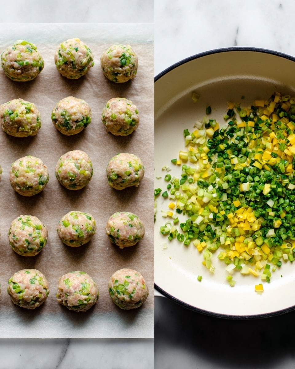 The image shows two scenes side by side on a white marbled surface. On the left, there are twelve round balls of raw mixture, each topped with green bits, arranged neatly in three rows on a piece of parchment paper. The texture of the balls looks soft and slightly shiny. On the right, there is a white pan with black edges containing small chopped pieces of yellow and green vegetables, scattered over the pan’s surface. The vegetables look fresh and finely chopped. Photo taken with an iphone --ar 4:5 --v 7