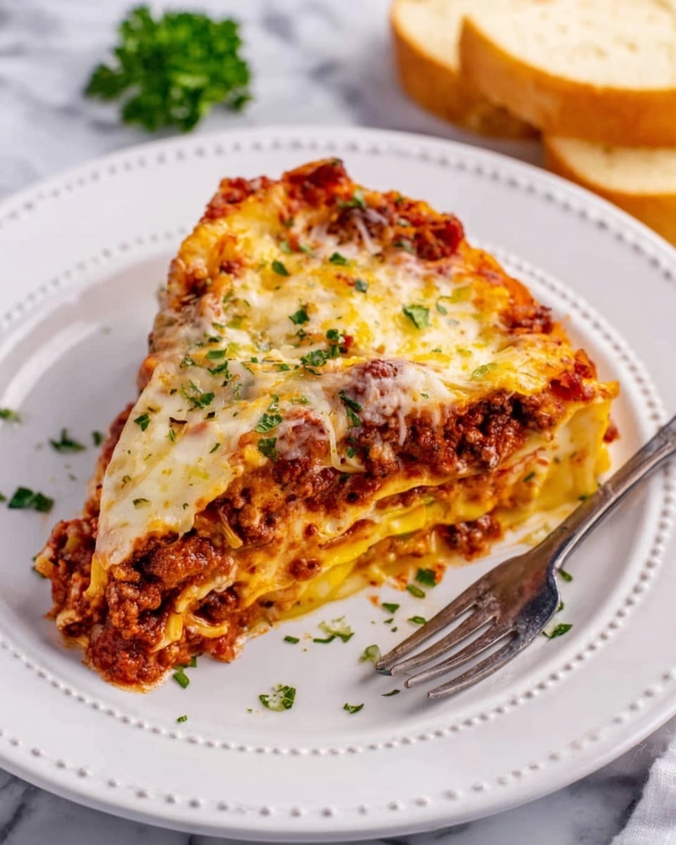 The image shows two slices of lasagna on a white plate with a dotted edge, placed on a white marbled surface. The lasagna has multiple layers including melted golden-brown cheese on top, a layer of rich red meat sauce with visible tomato chunks below, and creamy light yellow pasta layers in between. Some green herbs are sprinkled on top and around the plate for garnish. A metal fork is on the plate's right side, and a piece of light brown bread with a soft texture is placed on the upper left of the plate. Photo taken with an iphone --ar 4:5 --v 7