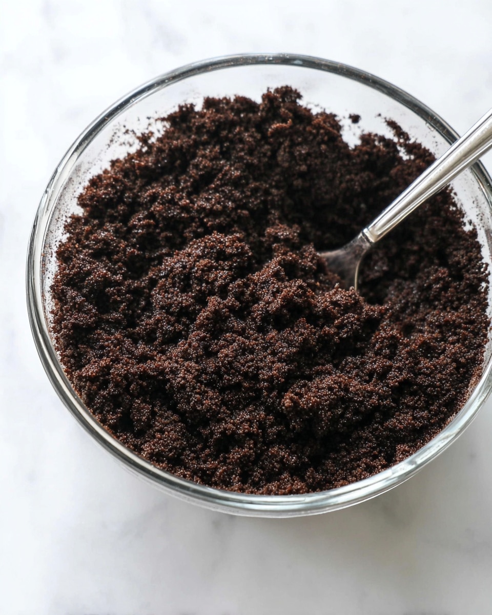 A clear glass bowl filled with a dark brown, crumbly mixture that looks coarse and moist. The texture is chunky with small clumps, and a silver fork is partially inside the bowl, slightly digging into the mixture. The bowl sits on a white marbled surface. photo taken with an iphone --ar 4:5 --v 7