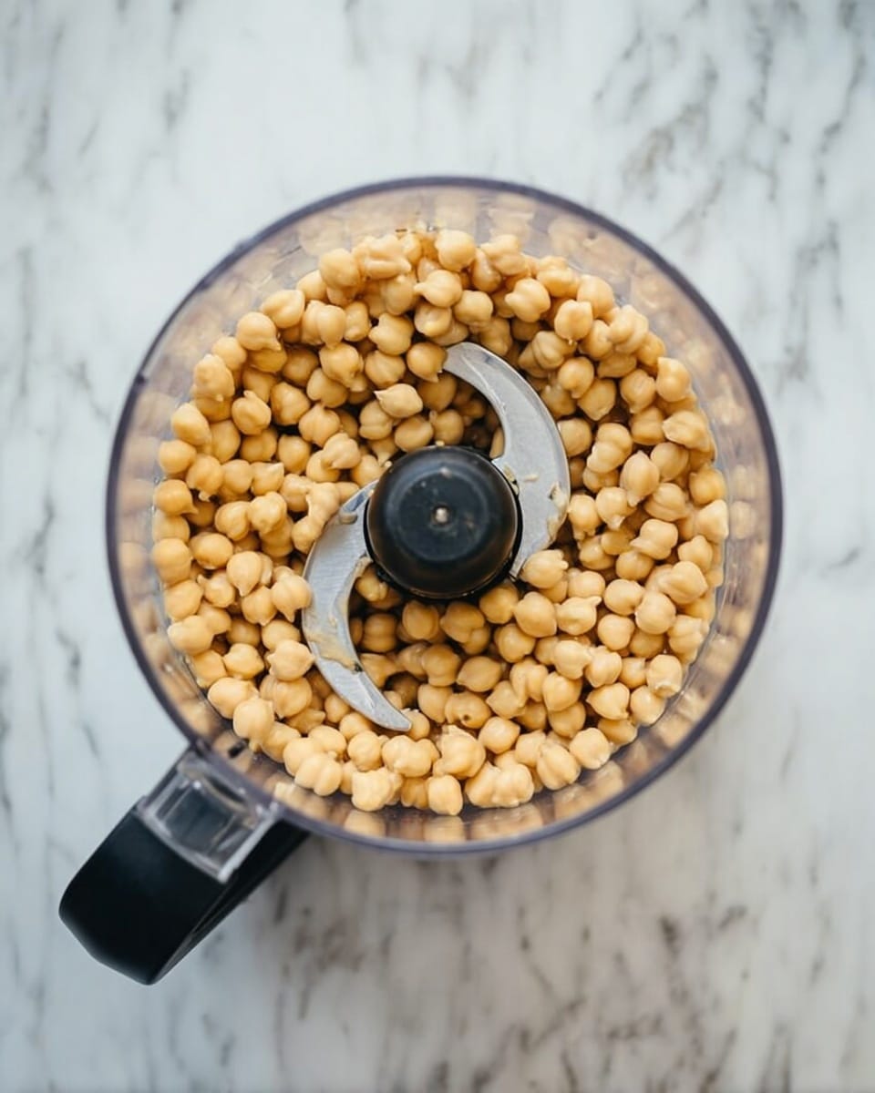 The image shows a clear food processor bowl filled with light tan chickpeas that cover the two large curved blades inside. The bowl has a black handle on the left side and is placed on a white marbled surface. The chickpeas are evenly spread out, showing their round, slightly rough texture, and the shiny metal blades contrast with the soft beans. The top view clearly shows the round shape of the bowl and the simple setup inside photo taken with an iphone --ar 4:5 --v 7