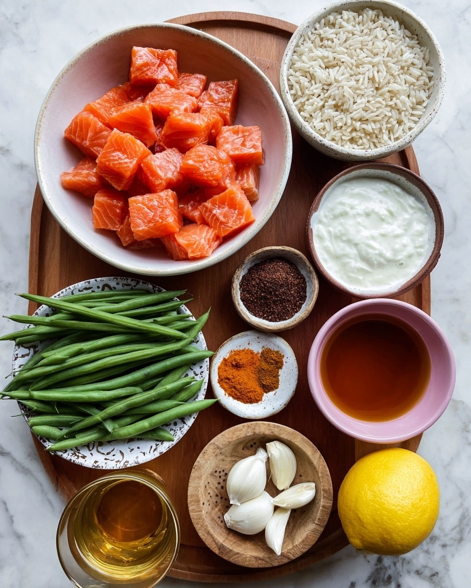 The image shows a white bowl filled with bright orange chunks of raw salmon placed on a wooden tray. Around it, there is a white bowl of long grain rice with a slightly speckled edge, a small white bowl containing dark brown ground spice, a white bowl with three different spices in orange, red and golden colors, and a pink bowl filled with thick white yogurt. A wooden bowl holds chopped white onions, next to a small wooden dish with two cloves of garlic. A patterned white plate holds fresh green beans, and a whole bright yellow lemon is placed between the salmon and green beans. A clear glass filled with golden brown liquid completes the setup, all arranged on a white marbled surface photo taken with an iphone --ar 4:5 --v 7