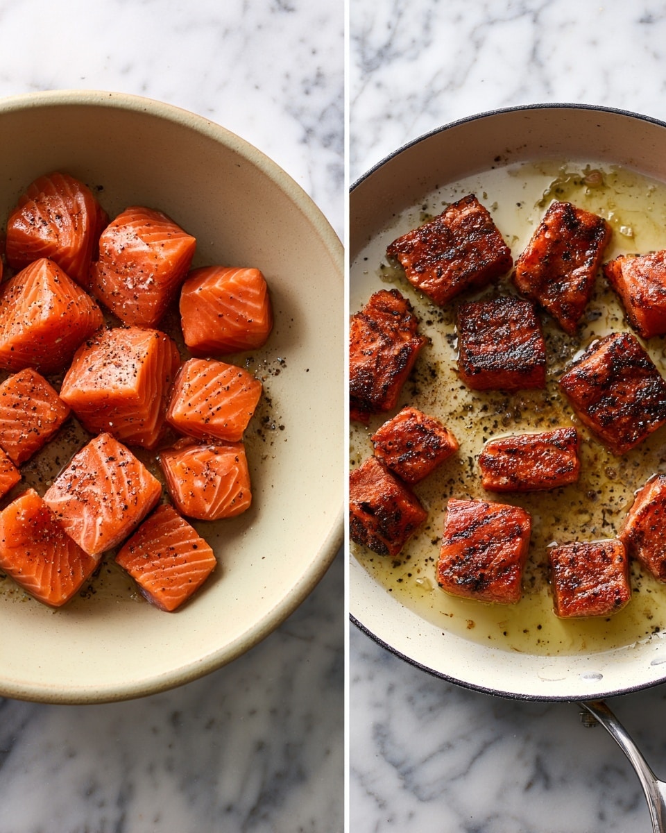 Two images show the preparation of salmon cubes. The first image shows raw salmon pieces, bright orange with visible white lines, placed closely together in a beige bowl. The salmon is seasoned with black pepper specks scattered evenly over the surface. The second image shows the salmon pieces cooked in a white pan, with each piece having a rich brown to dark charred crust and some oily shine from cooking oil, scattered loosely across the pan bottom with small oil pools around them. The background in both images is a white marbled texture. photo taken with an iphone --ar 4:5 --v 7