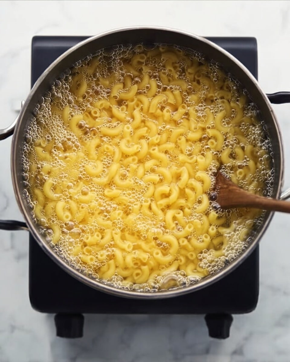 A black pot filled with boiling water and yellow spiral pasta fully submerged in it. The pot has black handles on each side and is placed on a small black stovetop. The surface beneath the stovetop is a white marbled texture. The water shows bubbles indicating it is boiling, and a wooden spoon is partially visible stirring the pasta from the lower part of the pot. photo taken with an iphone --ar 4:5 --v 7
