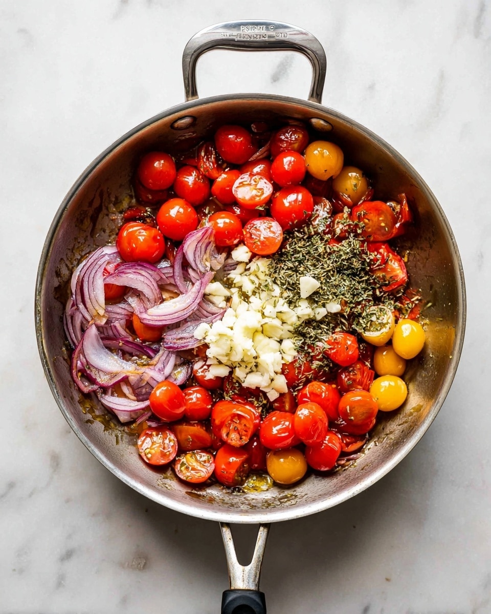 A silver pan with a black handle sits on a white marbled surface, filled with colorful ingredients. There are two layers of sliced red onion pieces fanned out amid a mix of whole red and yellow cherry tomatoes. A small pile of chopped white garlic rests on one side, topped with scattered dried green herbs. The vegetables glisten slightly with oil, showing a mix of smooth and soft textures across the ingredients. photo taken with an iphone --ar 4:5 --v 7