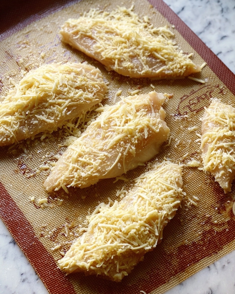 Four pieces of raw chicken are placed on a silicone baking mat with a brown color and some text printed on it. Each piece is covered with a thick layer of shredded pale yellow cheese, making the texture rough and uneven. The chicken pieces are arranged unevenly, with the closest chicken piece in the lower right corner being partially cut or missing a small part. The background is a white marbled texture. The lighting is natural and bright. photo taken with an iphone --ar 4:5 --v 7