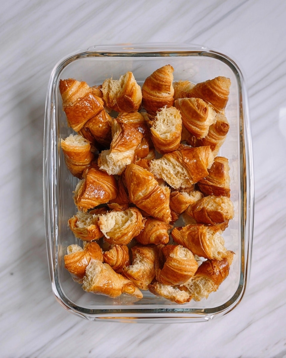 The image shows a clear glass rectangular dish filled with many pieces of torn croissant, arranged randomly inside. The croissant pieces have a golden brown outer crust with a light, fluffy, and slightly airy texture visible on the torn edges. The dish is placed on a white marbled surface. photo taken with an iphone --ar 4:5 --v 7