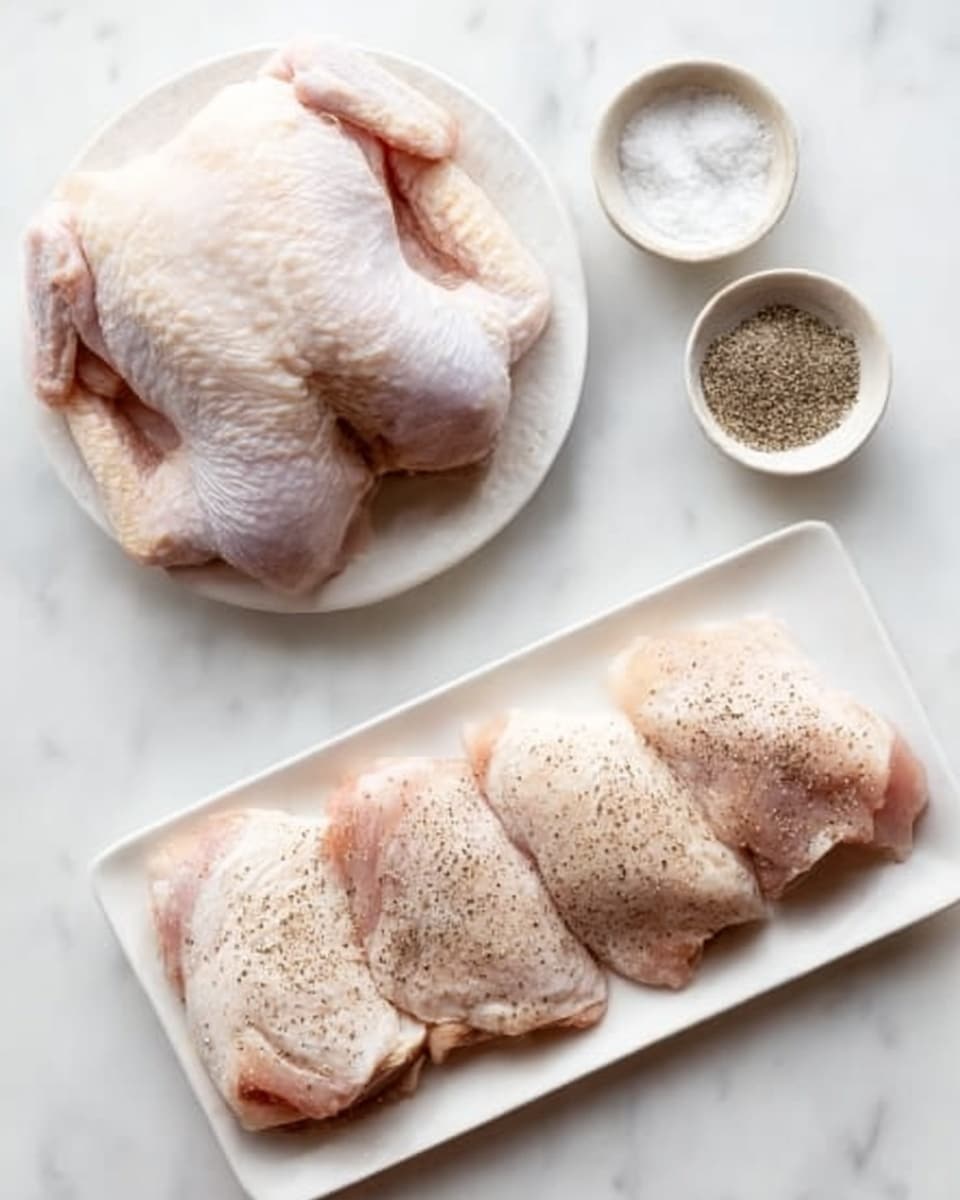 The image shows raw chicken pieces. On a round white plate, a whole raw chicken is placed along with a small white bowl containing salt and a small white bowl with pepper. Below, four raw chicken thigh pieces are lined up in a row on a white rectangular plate, each lightly sprinkled with black pepper. The background surface is a white marbled texture. photo taken with an iphone --ar 4:5 --v 7