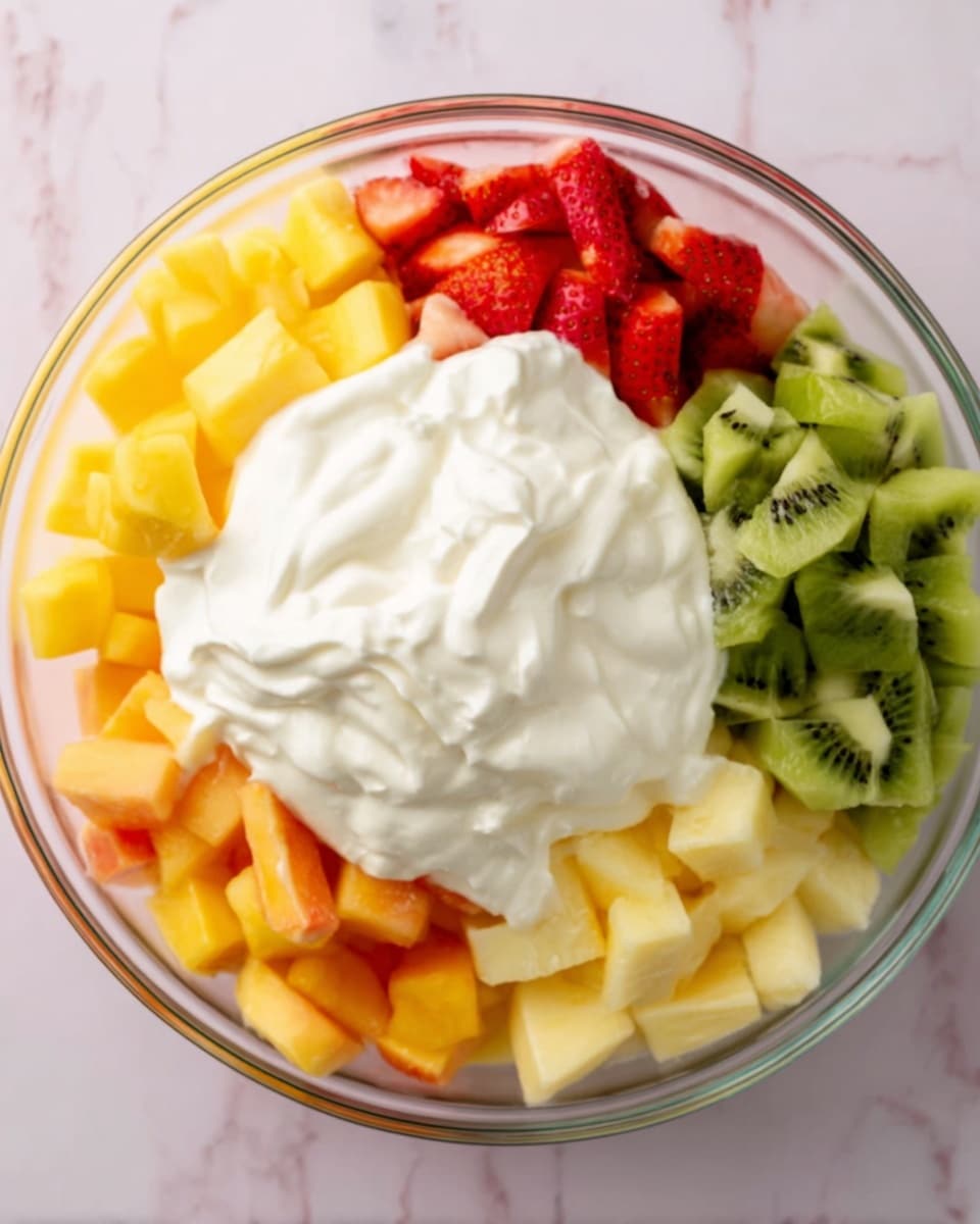 A clear glass bowl filled with five layers of chopped fruits and a large dollop of white creamy yogurt on top. The bottom left side shows small yellow mango cubes, followed by pale yellow pineapple cubes on the right. Above the pineapple are bright green kiwi slices arranged in a neat row on the right side. Next to the kiwi, at the top right, are chopped red strawberries, and on the top left are peach-colored cantaloupe pieces. The bowl sits on a white marbled surface. photo taken with an iphone --ar 4:5 --v 7