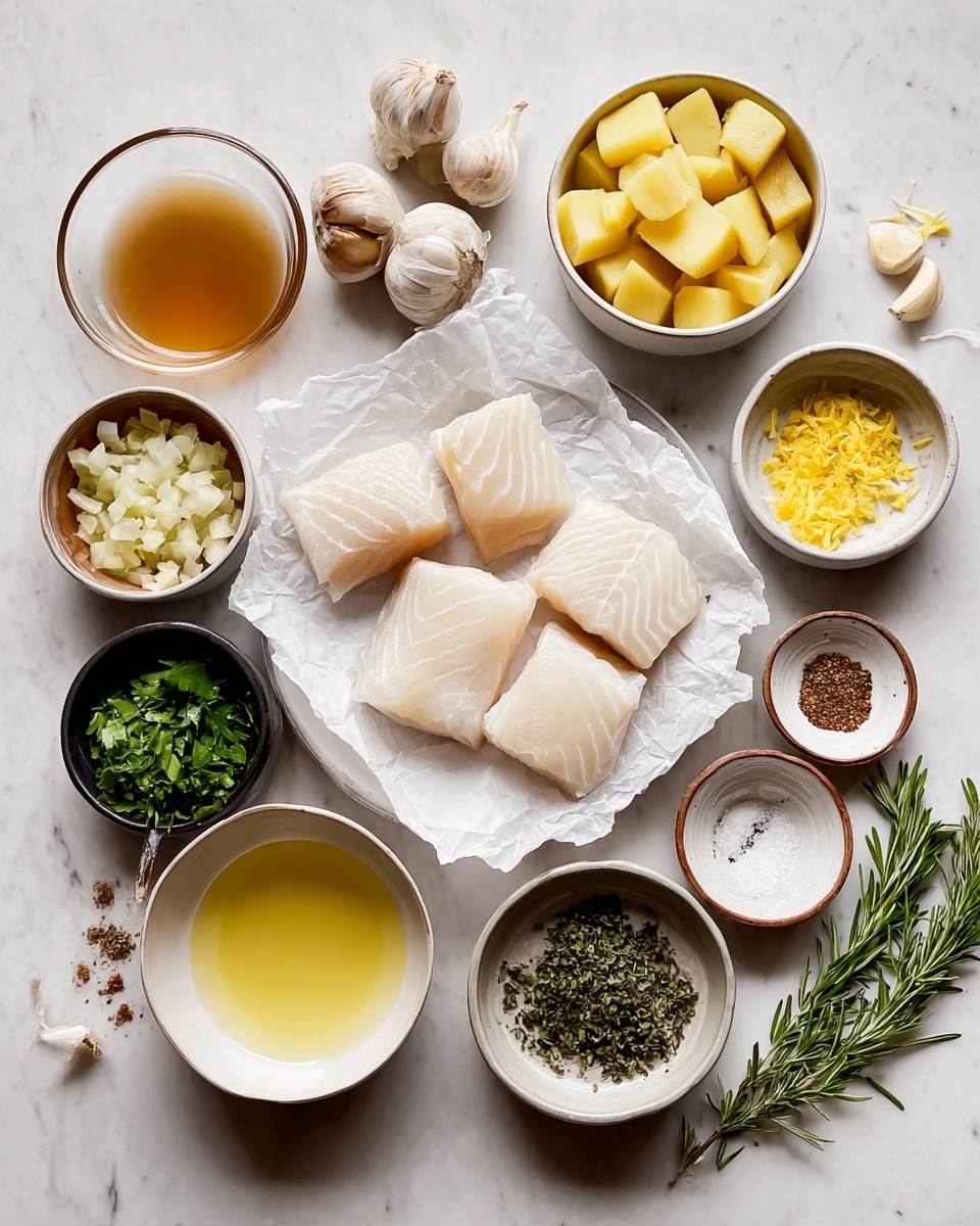The image shows several small white bowls and one brown bowl arranged on a white marbled surface, each holding different cooking ingredients. There are three pieces of white fish fillets placed on white crumpled paper in the center-right. Surrounding them are chopped light yellow potatoes in a white bowl, finely chopped shallots in a white bowl, a glass cup with light brown broth, small black and white pepper in a brown bowl, minced garlic in a black bowl, green capers in a white bowl, a small pile of yellow lemon zest in a white dish, and spices in a small brown dish. On the far right, there is fresh green parsley and rosemary next to small white bowls containing melted butter, grainy mustard, and salt. The setting is neat and all dishes are arranged on a white marbled textured surface photo taken with an iphone --ar 4:5 --v 7
