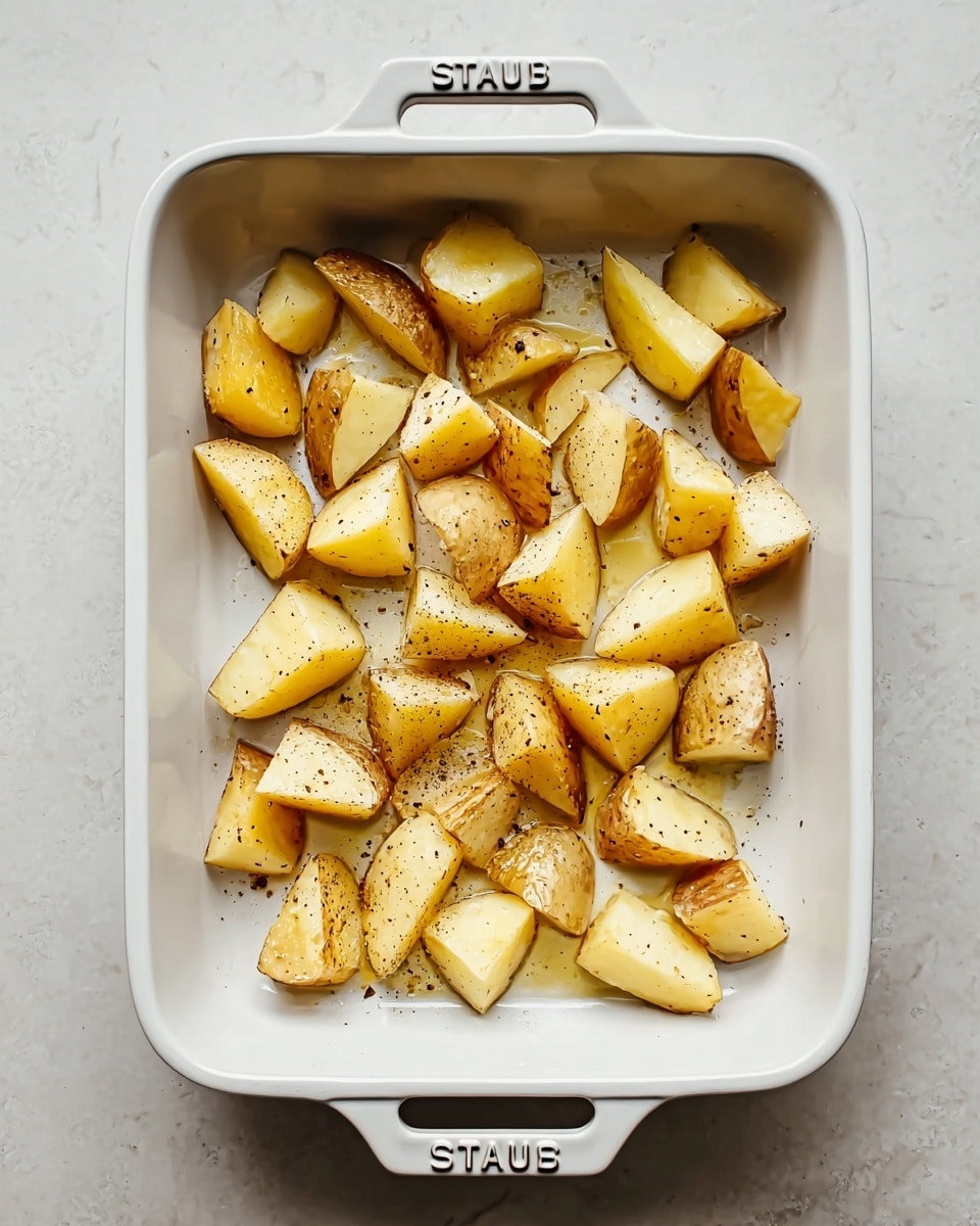 The image shows a white rectangular baking dish filled with about 25 thick potato pieces, each cut into irregular wedge shapes with light yellow inside and light brown skin. The potato pieces are spread out evenly across the dish’s surface. They are sprinkled with coarse salt and cracked black pepper, with some oil adding a shiny texture on the potatoes and dish surface. The dish has two handles on each side with the brand name