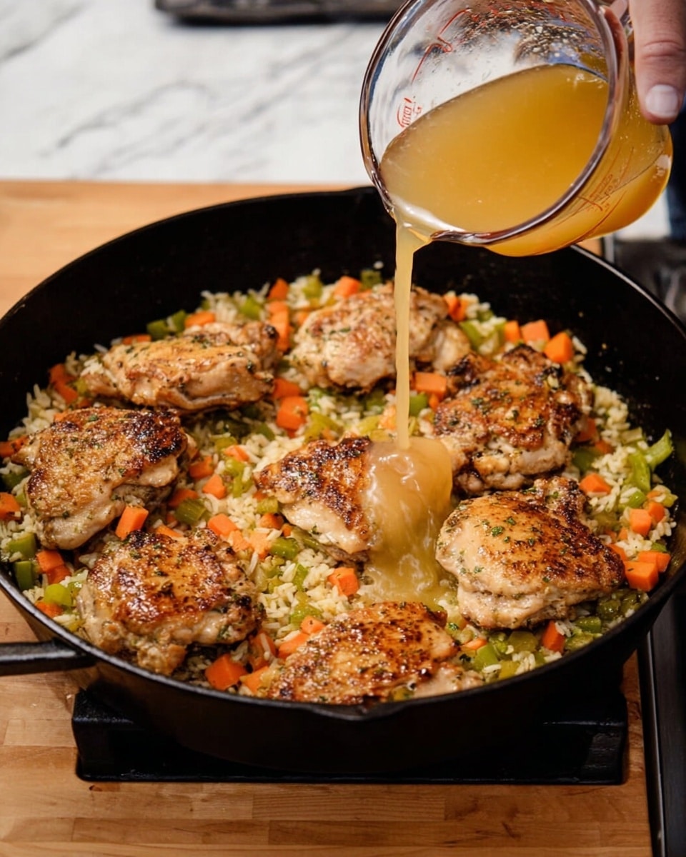 A black cast iron pan filled with a base layer of chopped vegetables and rice, showing small pieces of orange carrots and green peppers mixed in. On top, there are eight pieces of cooked chicken with a light brown, seasoned surface placed evenly around the pan. A clear golden broth is being poured from a glass measuring cup into the pan, creating a slight shine on the chicken and vegetables. The pan sits on a wooden surface with a white marbled background visible. A woman’s hand holds the handle of the measuring cup that pours the broth. photo taken with an iphone --ar 4:5 --v 7