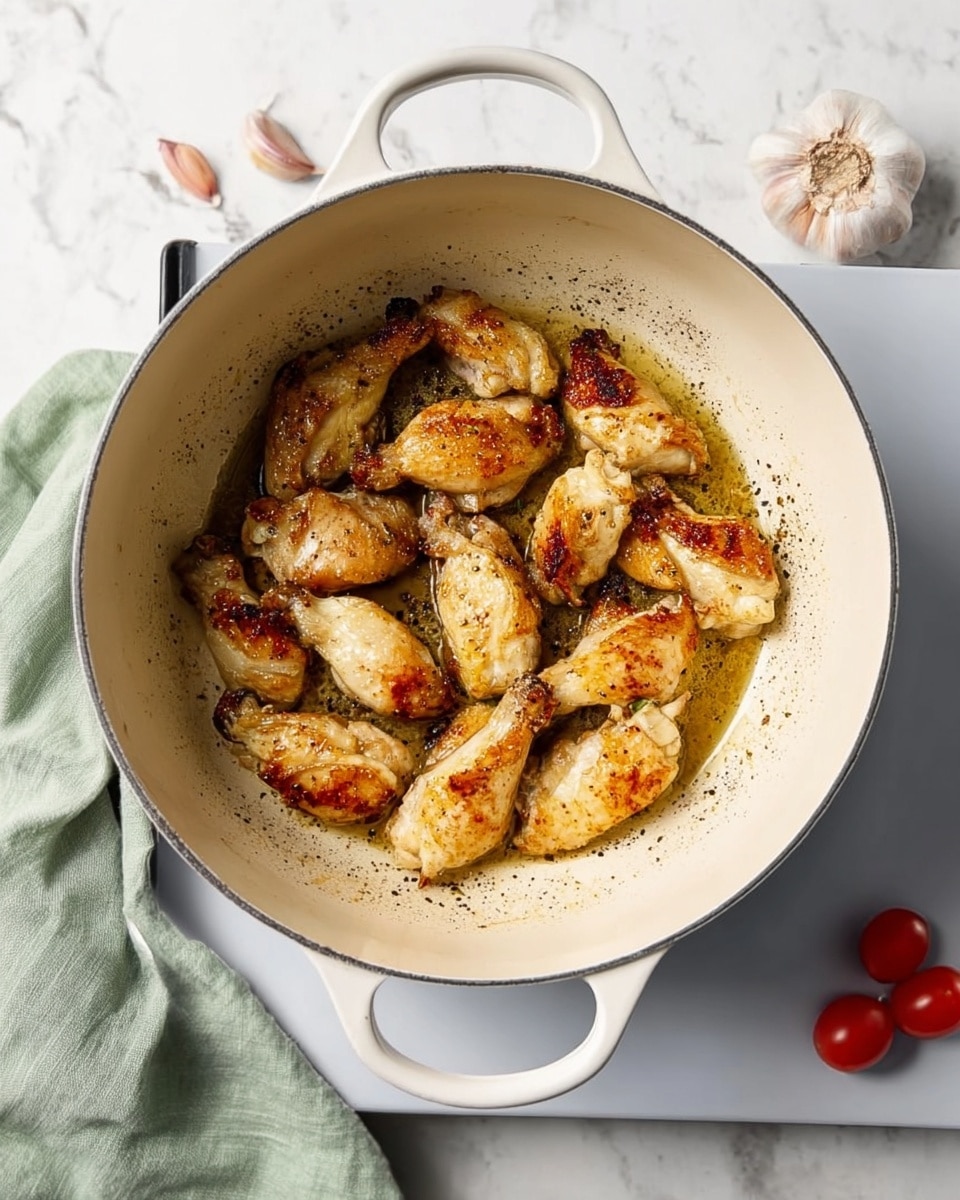 The image shows a white pot with many cooked chicken pieces inside. The chicken pieces are golden-brown with some charred parts, arranged in a single layer inside the pot. The pot is on a stove with a white marbled surface around it. There is a light green cloth partly visible on the left side, and a couple of garlic cloves and two small red cherry tomatoes are seen on the right side on the white marbled surface. The pot's handles are visible, and the chicken pieces are surrounded by some oil and light seasoning in the pot. photo taken with an iphone --ar 4:5 --v 7
