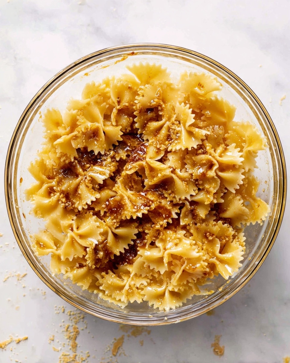 A clear glass bowl filled with one layer of cooked short, wavy-edged pasta pieces that are light yellow in color. The pasta is well coated with a shiny, dark brown sauce that pools slightly at the bottom and clings to the ridged edges. The bowl is placed on a white marbled surface with some small spills of the dark sauce around it. Photo taken with an iphone --ar 4:5 --v 7