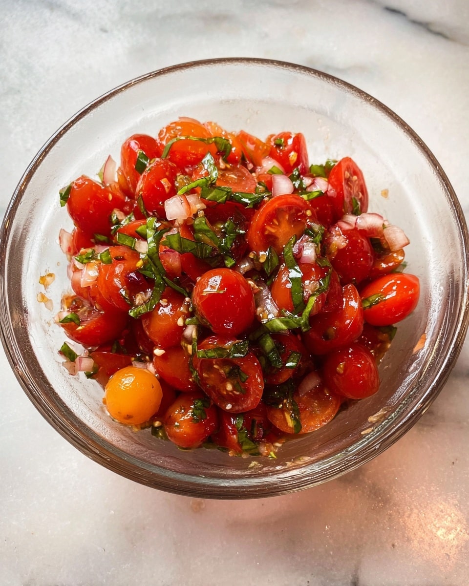 A clear glass bowl sits on a white marbled surface, filled with a mixture of halved bright red cherry tomatoes and thin strips of dark green basil leaves. Small pieces of translucent light pink shallots are scattered throughout, adding texture. The dressing gives a slight shine to the tomatoes and herbs, making the colors pop vividly in the bowl. Photo taken with an iphone --ar 4:5 --v 7