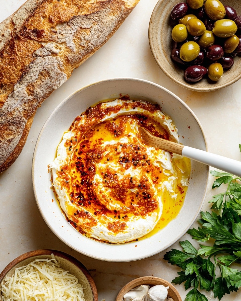 A white bowl contains two main layers of spread: a thick, creamy white base layer and a swirled top layer of orange-red chili oil mixed into the cream, giving it a marbled look with some black pepper specks. To the left, a long piece of rustic bread with a rough crust and soft inside rests on a light wood surface changed to white marble. Above the bowl is a small neutral-toned dish with green and dark brown olives. To the right, green parsley leaves lie next to the bowl while a white garlic head peeks out. Below the bowl are two small bowls filled with shredded white and light yellow cheese. A wooden spatula with a white silicone tip is placed inside the main bowl. Photo taken with an iphone --ar 4:5 --v 7