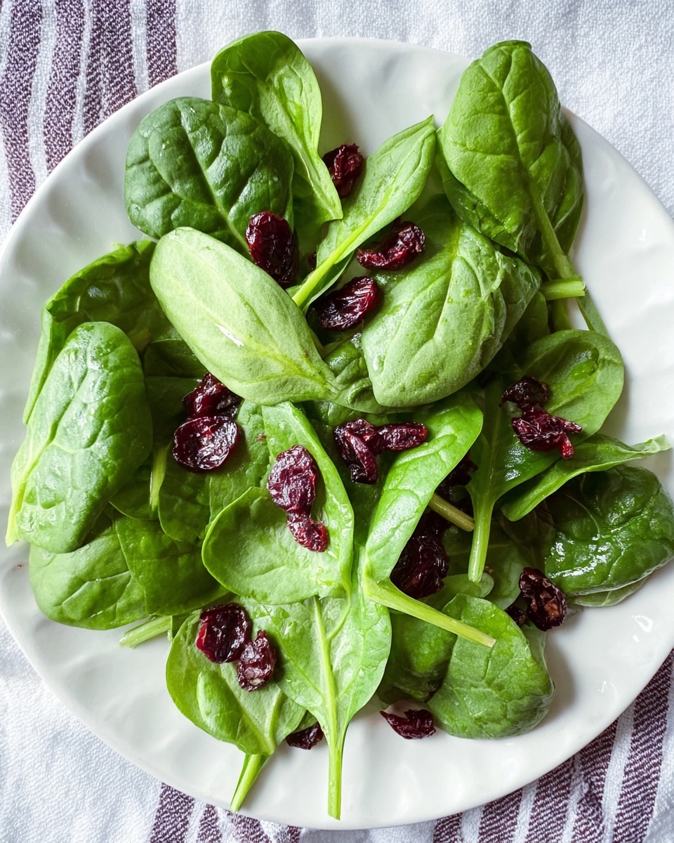 A white plate filled with fresh, bright green spinach leaves as the base layer, spread evenly across the plate. Scattered on top are small clusters of dark red dried cranberries, adding a pop of color and texture contrast against the green leaves. The plate sits on a white marbled surface with a hint of a striped cloth visible underneath. The spinach leaves look crisp and smooth, with some stems still attached. photo taken with an iphone --ar 4:5 --v 7